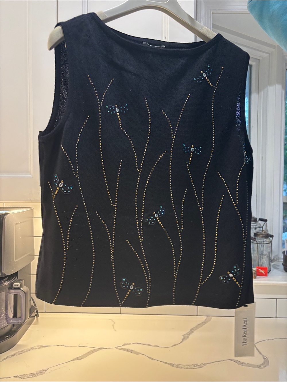 St. John Black Sleeveless Tank with Gold Stud and Blue Bead Floral Motif